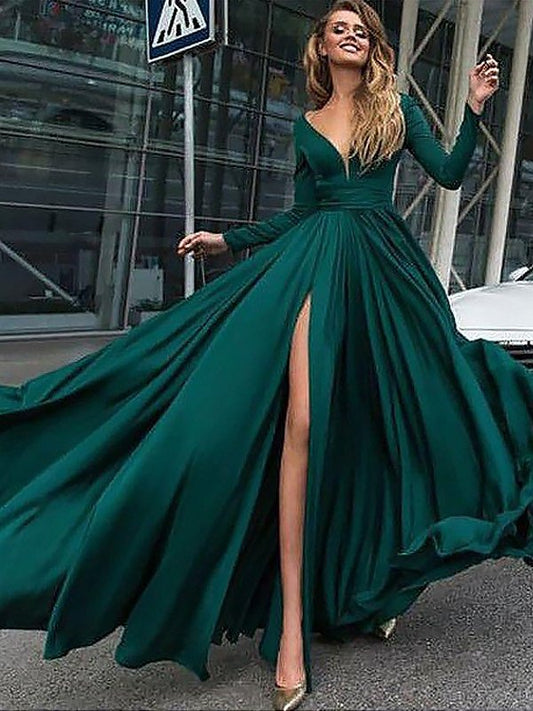 A-Line/Princess V-Neck Long Sleeves Floor-Length Ruffles Satin Chiffon Dresses DFP0001642