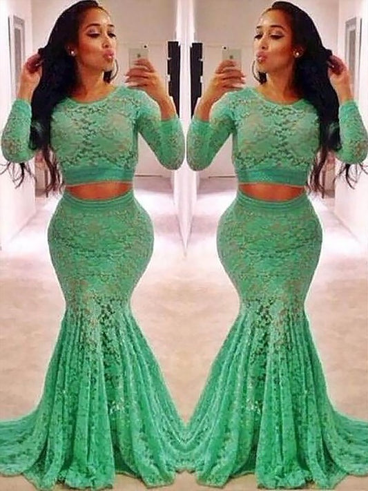 Trumpet/Mermaid Scoop Long Sleeves Lace Ruffles Sweep/Brush Train Two Piece Dresses DFP0002254