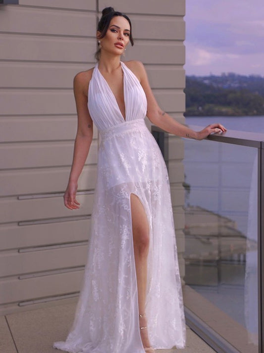 A-Line/Princess Lace Ruched Halter Sleeveless Floor-Length Wedding Dresses DFP0006073