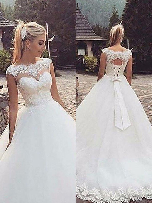 Ball Gown Sleeveless Bateau Lace Tulle Court Train Wedding Dresses DFP0006029