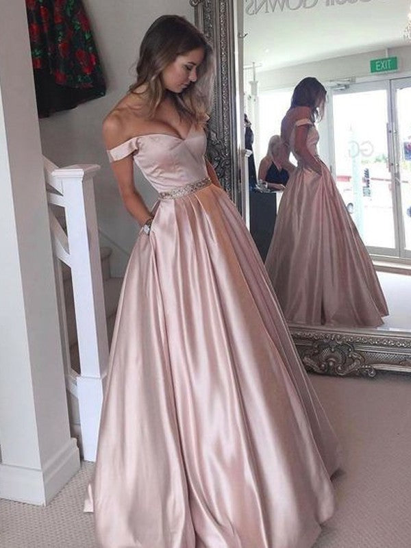 A-Line/Princess Off-the-Shoulder Sleeveless Floor-Length Satin Dresses DFP0001821