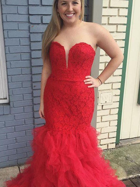 Trumpet/Mermaid Sweetheart Sleeveless Lace Sweep/Brush Train Tulle Plus Size Dresses DFP0003856