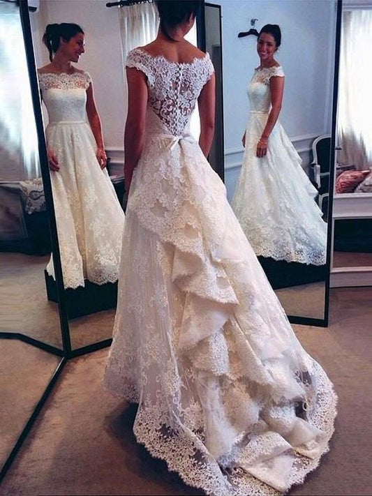 A-Line/Princess Scoop Lace Sweep/Brush Train Sleeveless Wedding Dresses DFP0006093