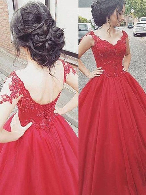 Ball Gown V-neck Sleeveless Floor-Length Applique Satin Dresses DFP0002927