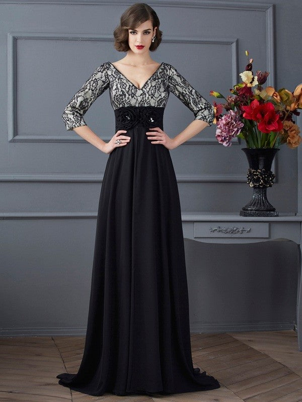 Sheath/Column V-neck 3/4 Sleeves Lace Long Chiffon Dresses DFP0002982