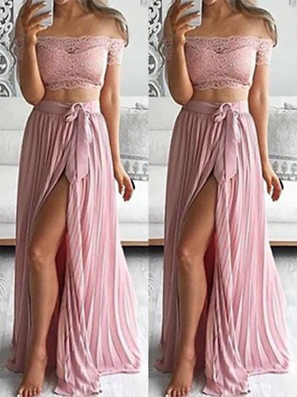 A-Line/Princess Off-the-Shoulder Sleeveless Chiffon Floor-Length Lace Two Piece Dresses DFP0002112