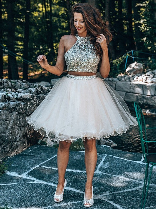 A-Line/Princess Scoop Beading Sleeveless Short/Mini Tulle Two Piece Homecoming Dresses DFP0004446