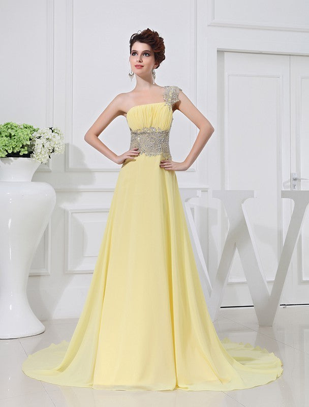 A-Line/Princess One-shoulder Beading Appliques Chiffon Dresses DFP0004383