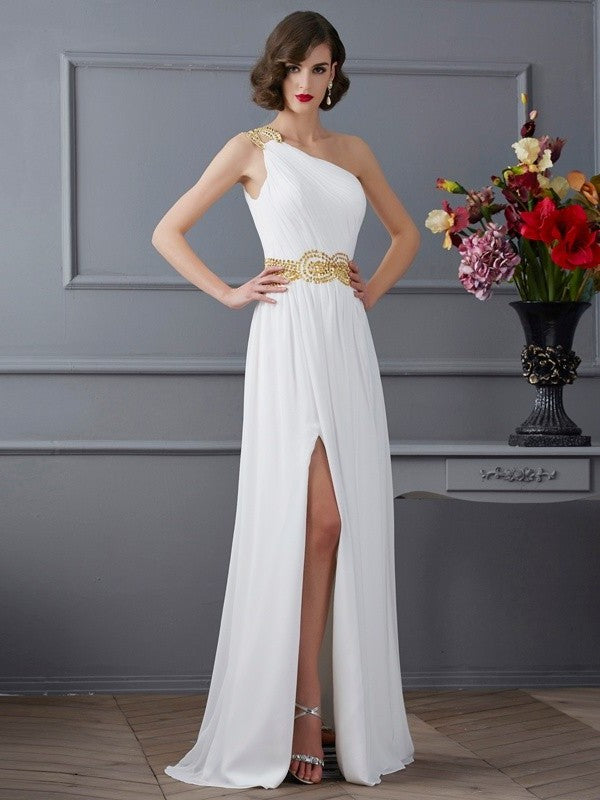 A-Line/Princess One-Shoulder Sleeveless Ruched Long Chiffon Dresses DFP0002590