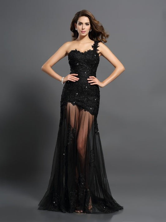 Sheath/Column One-Shoulder Applique Sleeveless Long Lace Dresses DFP0002656