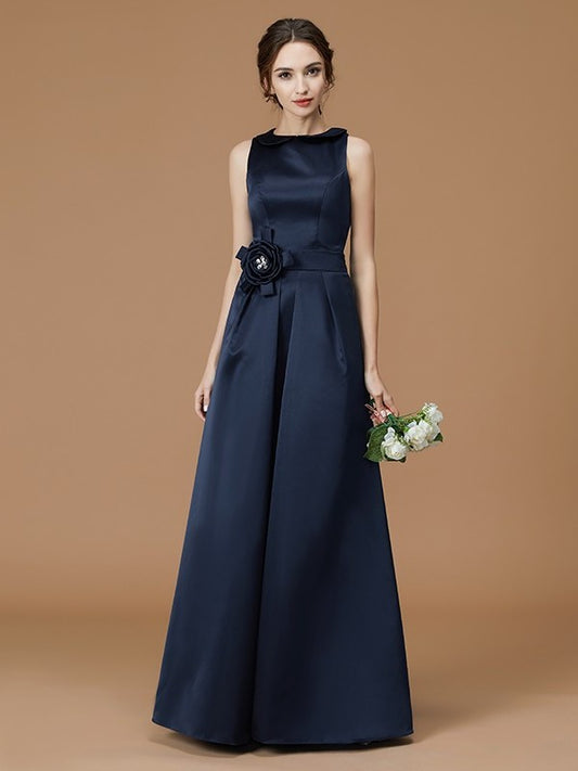 A-Line/Princess Bateau Sleeveless Floor-Length Hand-Made Flower Satin Bridesmaid Dresses DFP0005670