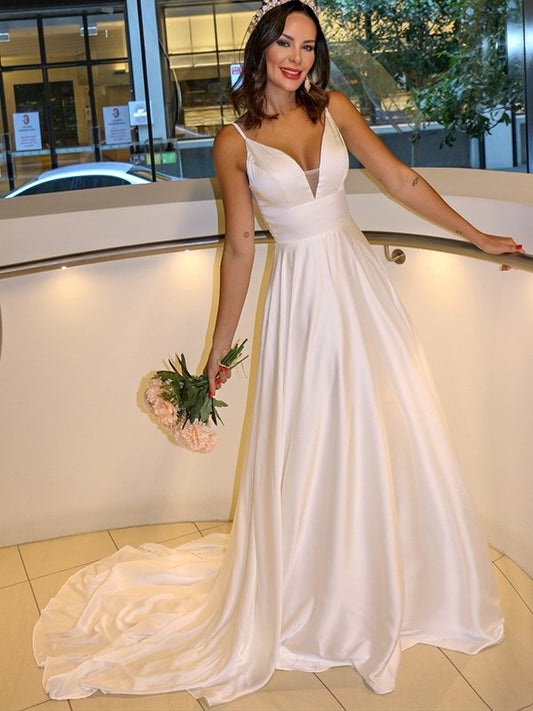 A-Line/Princess Charmeuse Spaghetti Straps Ruffles Sleeveless Sweep/Brush Train Wedding Dresses DFP0006078