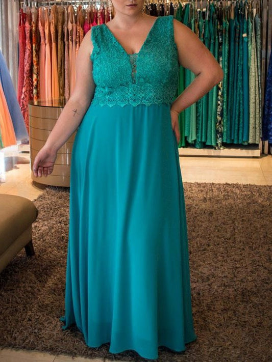 A-Line/Princess V-neck Sleeveless Applique Floor-Length Chiffon Plus Size Dresses DFP0004314