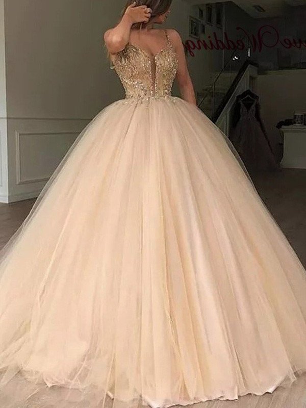 Ball Gown V-neck Tulle Sleeveless Beading Floor-Length Dresses DFP0002623