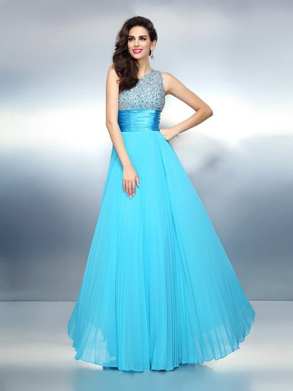 A-Line/Princess One-Shoulder Beading Sleeveless Long Chiffon Dresses DFP0004040