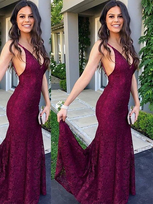 Trumpet/Mermaid Sleeveless V-neck Sweep/Brush Train Lace Dresses DFP0003134