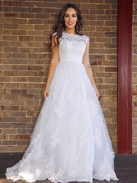A-Line/Princess Lace Sleeveless Scoop Sweep/Brush Train Wedding Dresses DFP0006152