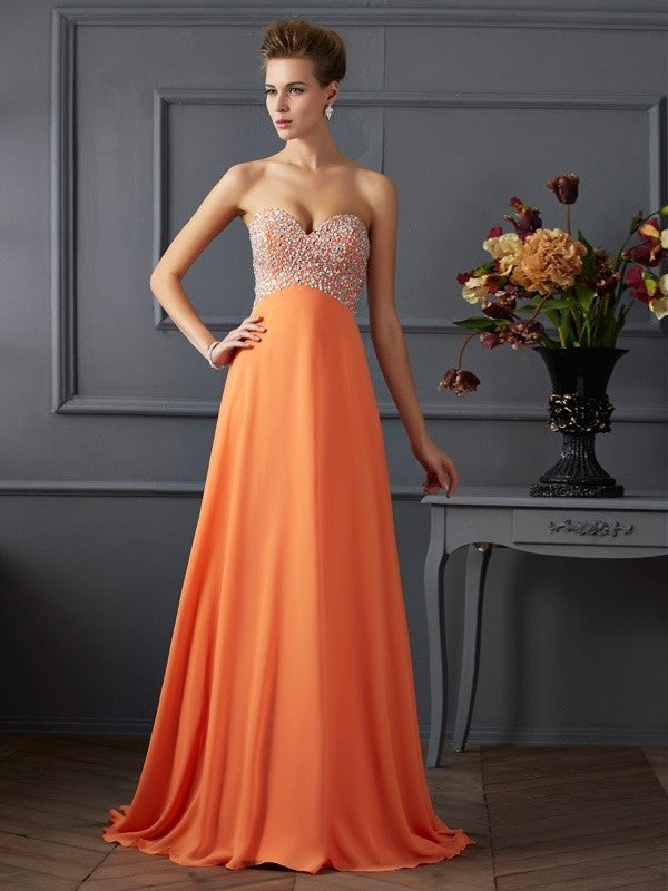 A-Line/Princess Sweetheart Sleeveless Beading Long Chiffon Dresses DFP0003144