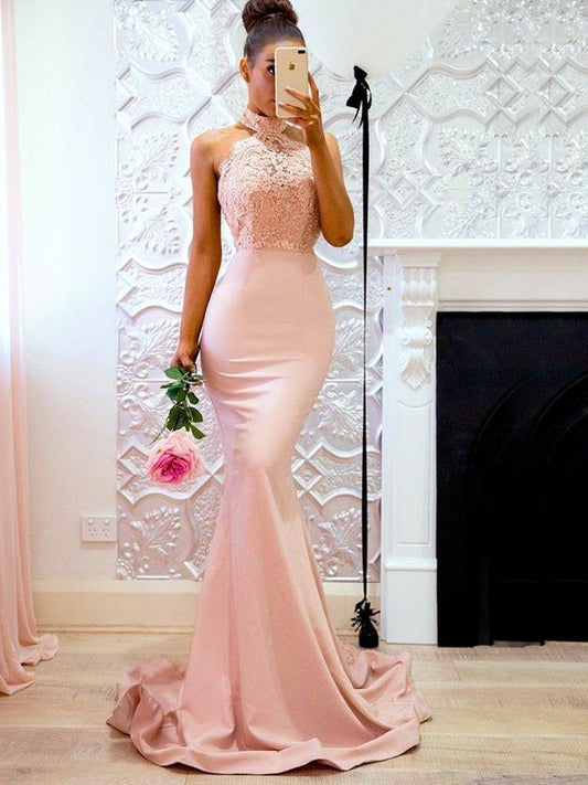 Trumpet/Mermaid Sleeveless Halter Sweep/Brush Train Lace Charmeuse Dresses DFP0002248