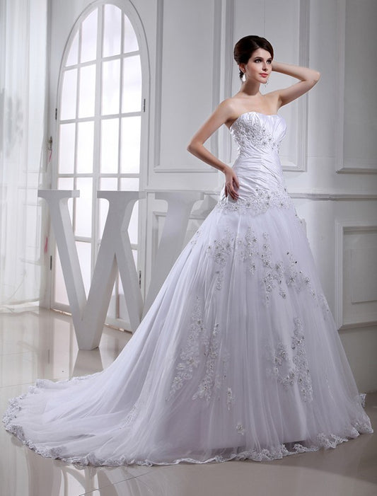 A-Line/Princess Beading Long Sleeveless Strapless Tulle Taffeta Wedding Dresses DFP0006716