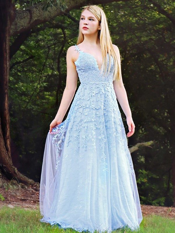 A-Line/Princess Sleeveless V-neck Applique Tulle Floor-Length Dresses DFP0004558