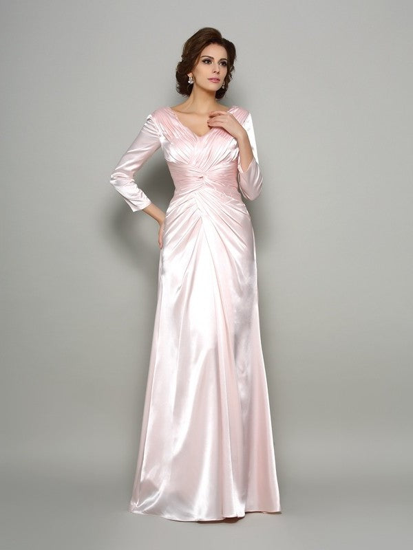 A-Line/Princess V-neck Ruched Long Sleeves Long Silk like Satin Mother of the Bride Dresses DFP0007340