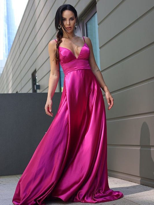 A-Line/Princess Silk like Satin Ruffles V-neck Sleeveless Sweep/Brush Train Dresses DFP0001663