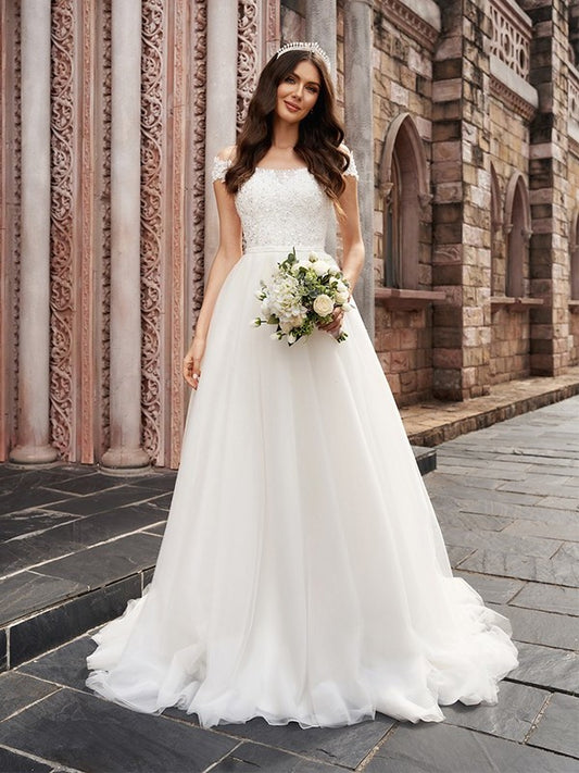 A-Line/Princess Applique Off-the-Shoulder Sleeveless Tulle Court Train Wedding Dresses DFP0005991