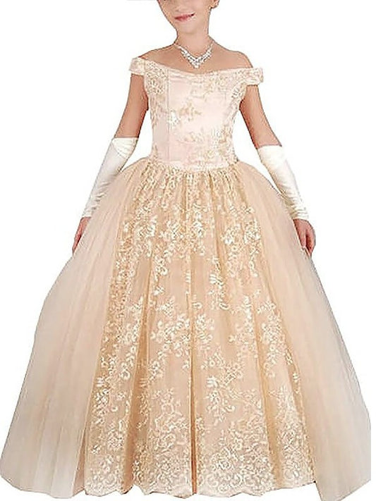 Ball Gown Off-the-Shoulder Sleeveless Applique Floor-Length Tulle Flower Girl Dresses DFP0007569