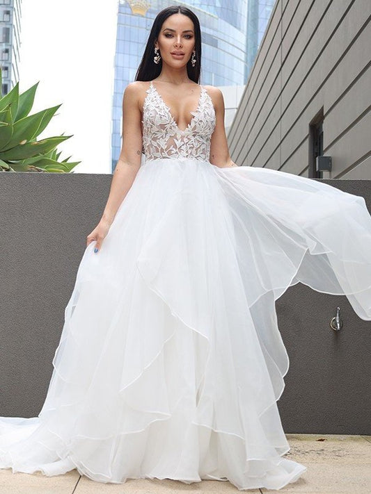 A-Line/Princess Lace Ruffles V-neck Sleeveless Sweep/Brush Train Wedding Dresses DFP0005904