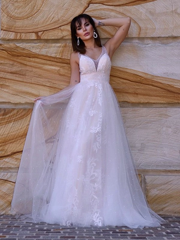 A-Line/Princess Lace Applique V-neck Sleeveless Sweep/Brush Train Wedding Dresses DFP0006061