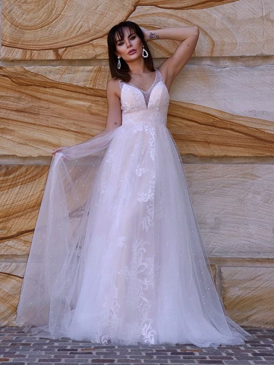 A-Line/Princess Lace Applique V-neck Sleeveless Sweep/Brush Train Wedding Dresses DFP0006061