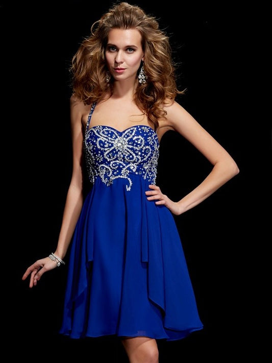 A-Line/Princess Halter Sleeveless Beading Short Chiffon Homecoming Dresses DFP0008527