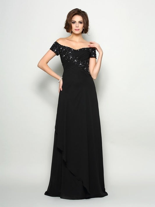 A-Line/Princess Off-the-Shoulder Beading Short Sleeves Long Chiffon Mother of the Bride Dresses DFP0007300