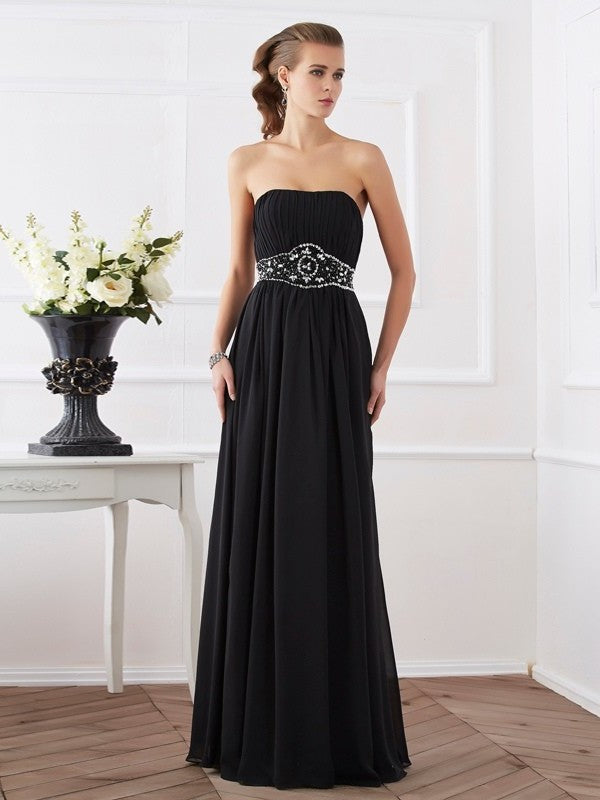 A-Line/Princess Strapless Sleeveless Beading Long Chiffon Dresses DFP0004271