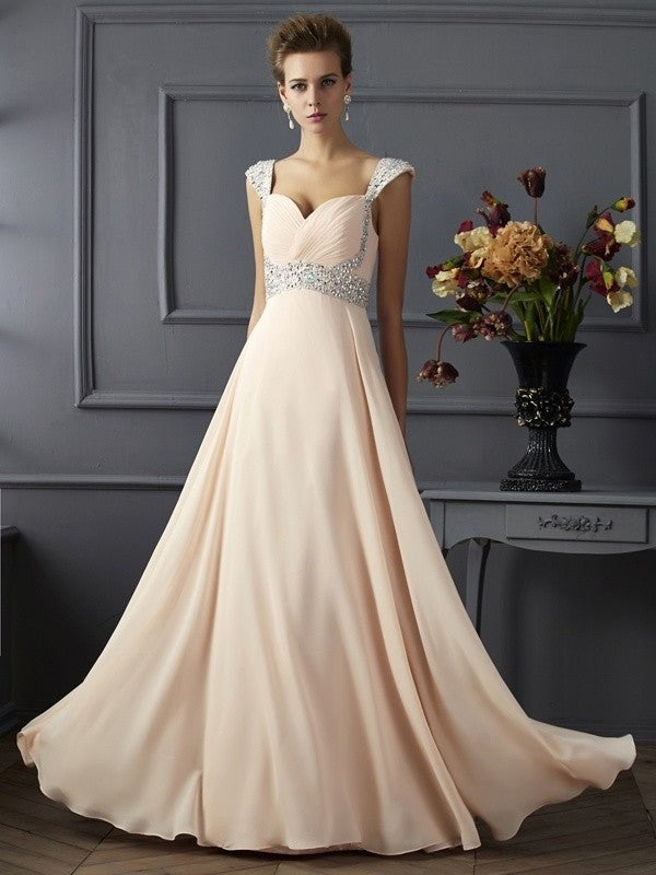 A-Line/Princess Straps Sleeveless Long Beading Chiffon Dresses DFP0002818