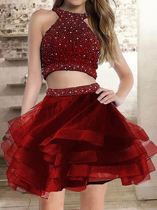 A-Line Halter Cut Short With Beading Organza Blue Homecoming Dresses DFP0008507