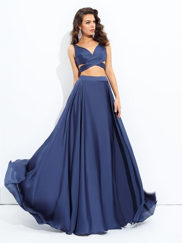 A-line/Princess Straps Sleeveless Long Satin Chiffon Two Piece Dresses DFP0002457