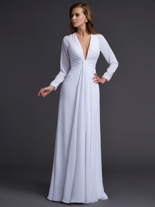 Sheath/Column V-neck Long Sleeves Ruched Long Chiffon Dresses DFP0002467