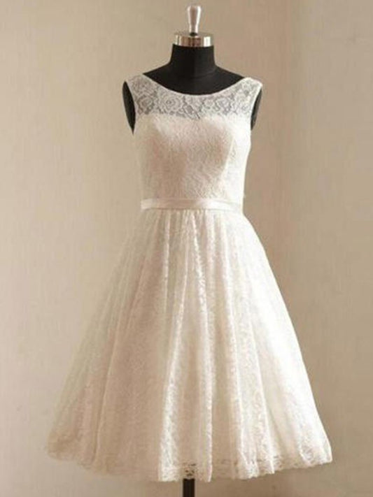 A-Line/Princess Scoop Lace Sleeveless Sash/Ribbon/Belt Knee-Length Wedding Dresses DFP0006889