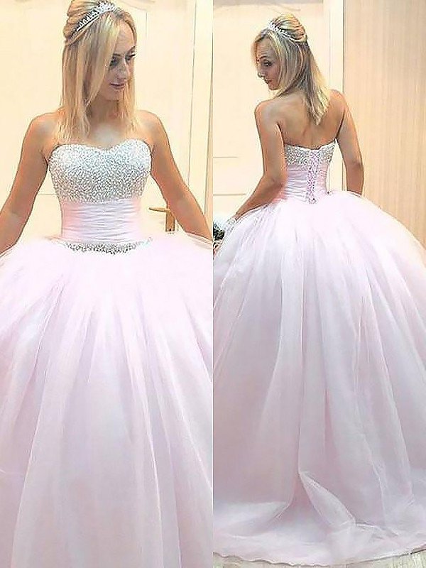 Ball Gown Sleeveless Sweetheart Beading Floor-Length Tulle Dresses DFP0002052