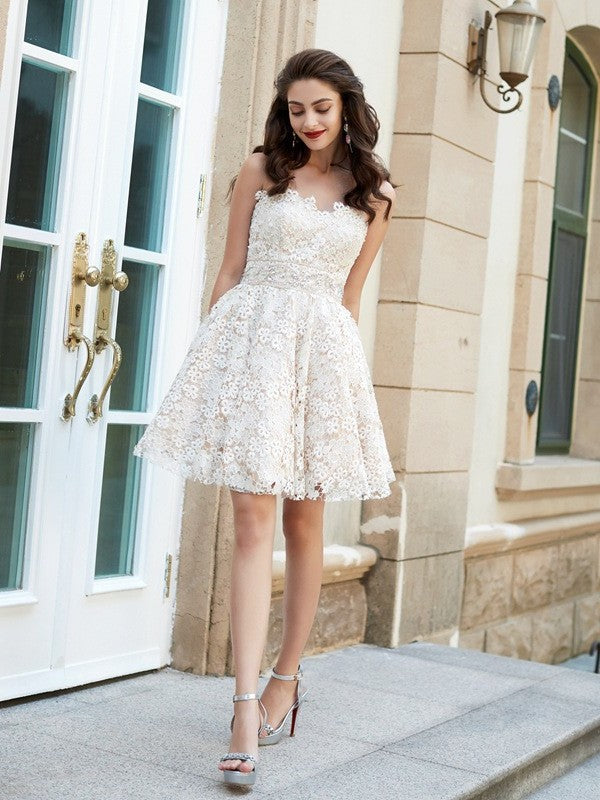 A-Line/Princess Sweetheart Sleeveless Rhinestone Short/Mini Lace Dresses DFP0002844