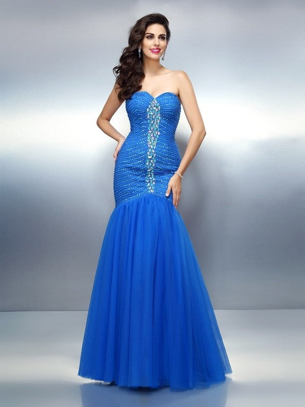 Trumpet/Mermaid Sweetheart Rhinestone Sleeveless Long Satin Dresses DFP0004232