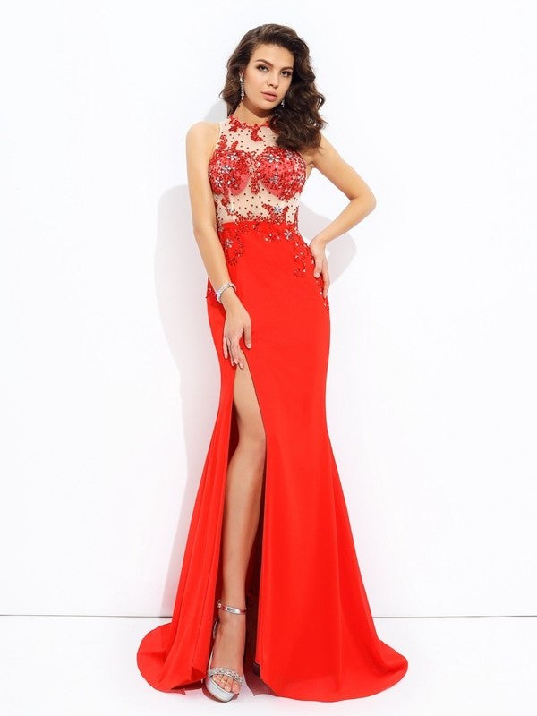 Sheath/Column Jewel Beading Sleeveless Long Chiffon Dresses DFP0002737