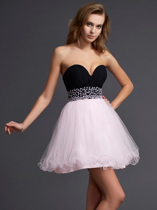 A-Line/Princess Beading Sweetheart Sleeveless Short Elastic Woven Satin Homecoming Dresses DFP0008393