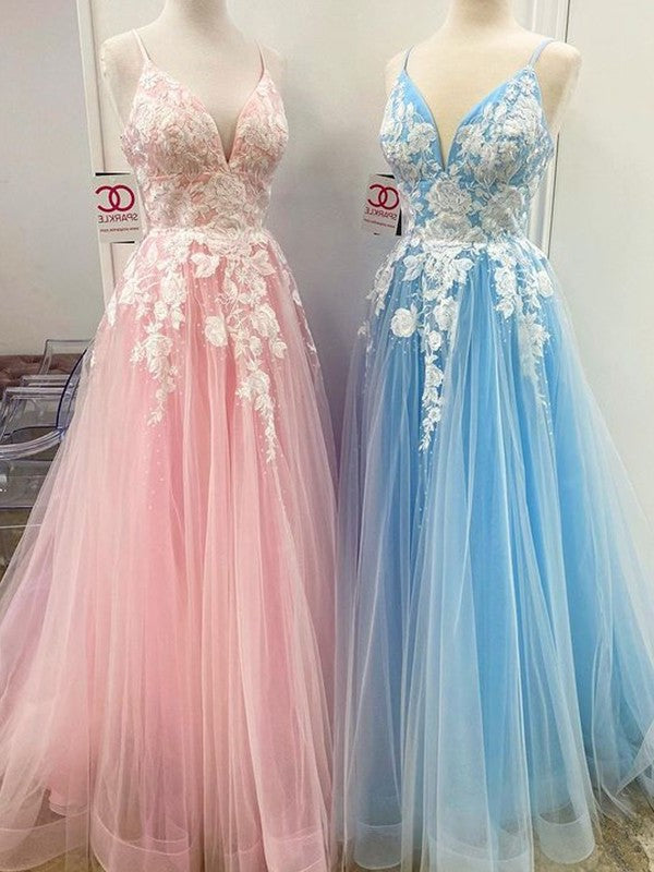 A-Line/Princess Floor-Length V-neck Applique Sleeveless Tulle Dresses DFP0001837