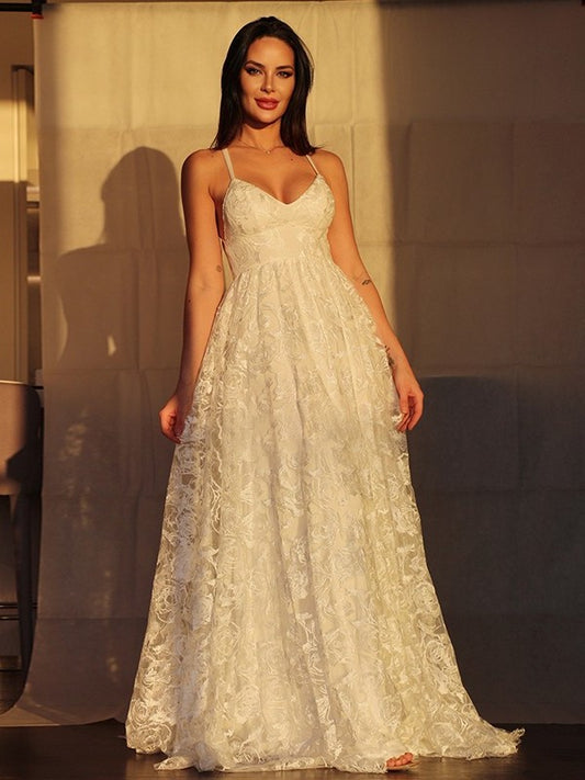 A-Line/Princess Lace Applique V-neck Sleeveless Sweep/Brush Train Wedding Dresses DFP0006060