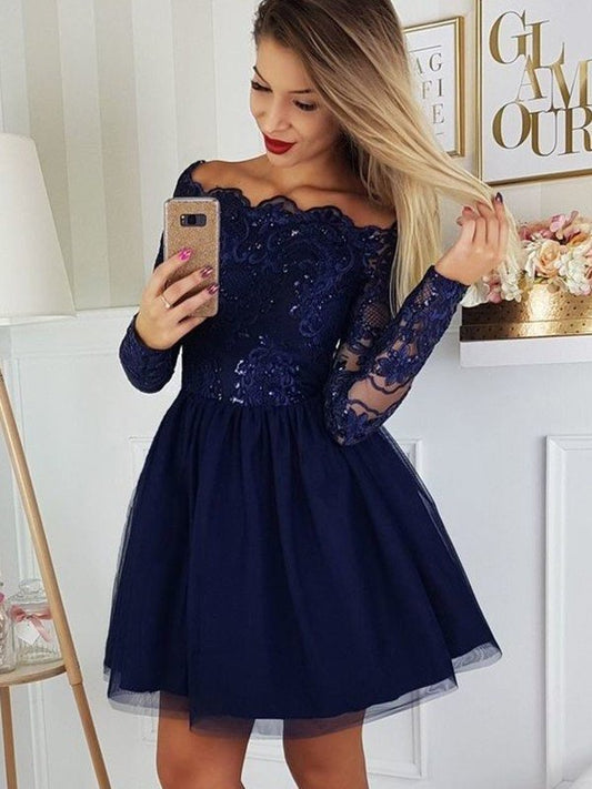 A-Line/Princess Tulle Applique Off-the-Shoulder Long Sleeves Short/Mini Homecoming Dress DFP0002741