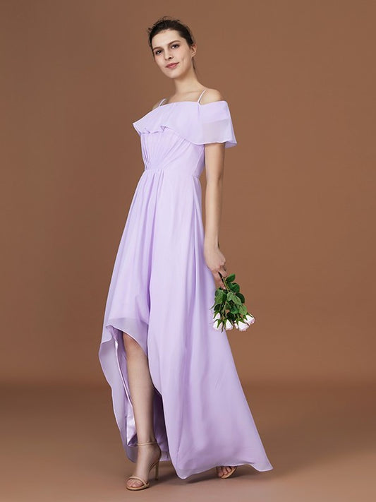A-Line/Princess Asymmetrical Short Sleeves Off-the-Shoulder Ruched Chiffon Bridesmaid Dresses DFP0005829