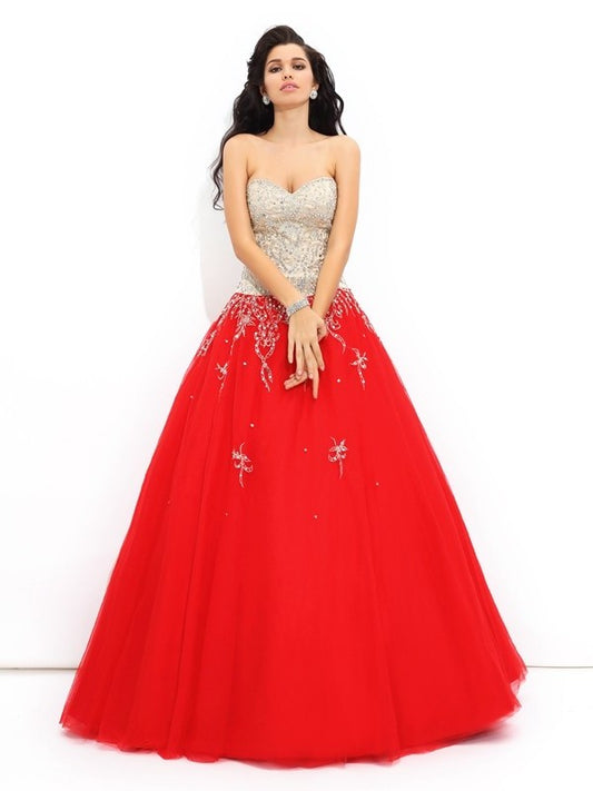 Ball Gown Sweetheart Beading Sleeveless Long Satin Quinceanera Dresses DFP0003205